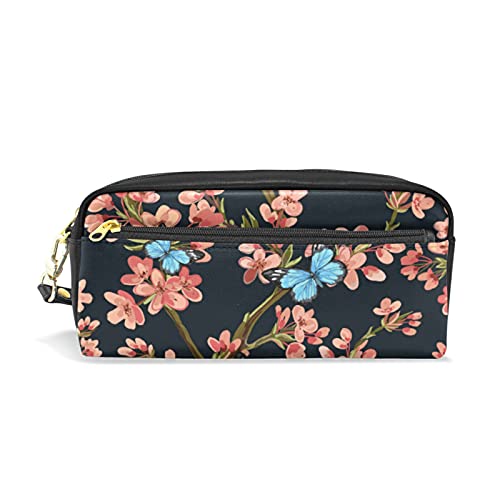 SJOAOAA Elegantes Federmäppchen mit Blumenmotiv und Schmetterlingen für Mädchen und Jungen, PU-Leder, tragbar, Stiftehalter, Make-up-Tasche, Schreibwaren, Schreibtisch-Organizer für Schule, Büro, von SJOAOAA