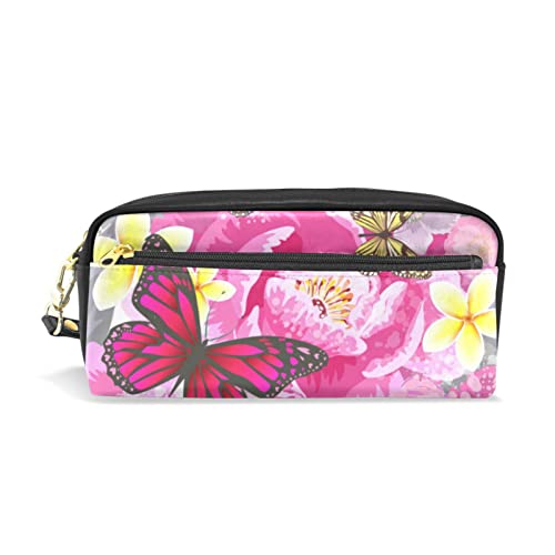 SJOAOAA Federmäppchen, großes Fassungsvermögen, Federtasche, Schmetterling, Plumeria, Blume, Leder, Make-up-Tasche mit Fach, Reißverschluss, Halter, Schulorganizer, Schreibwaren-Tasche, siehe von SJOAOAA