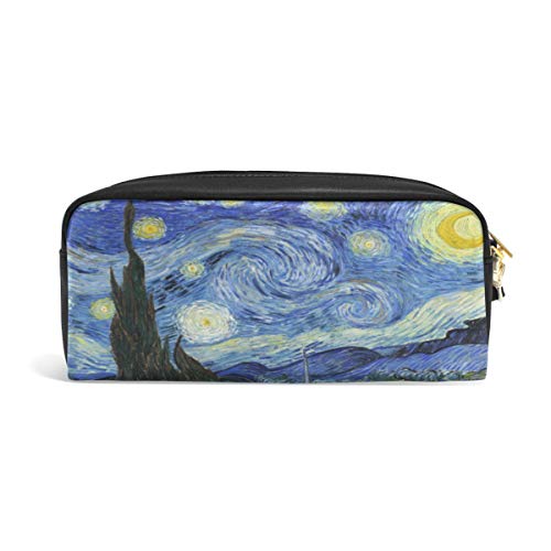SJOAOAA Federmäppchen Van Gogh Sternennacht Kunst Malerei Reißverschluss Leder Federmäppchen Stifttasche Halter Kleine Kosmetikpinsel Make-up Tasche für Reisen Büro Schule, siehe abbildung, von SJOAOAA