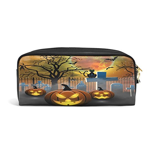 SJOAOAA Federmäppchen aus PU-Leder mit gruseligem Kürbis für Halloween, Make-up, Kosmetik, Reisen, Schultasche, siehe abbildung, Einheitsgröße, Taschen-Organizer von SJOAOAA