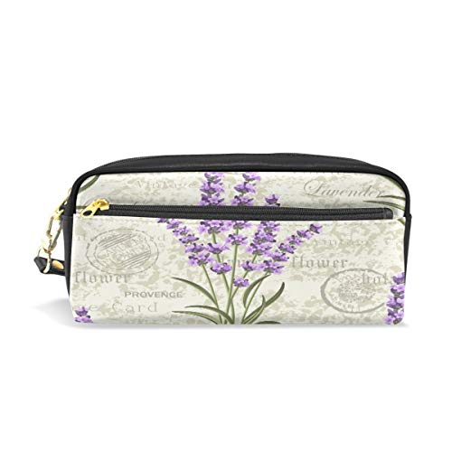 SJOAOAA Federmäppchen im Vintage-Stil, Postkarte, Blumenmuster, Lavendel für Studenten, große Kapazität, Reißverschluss, PU-Leder, Stifthalter, Schreibwaren, Bleistiftbeutel, Kosmetiktasche für von SJOAOAA