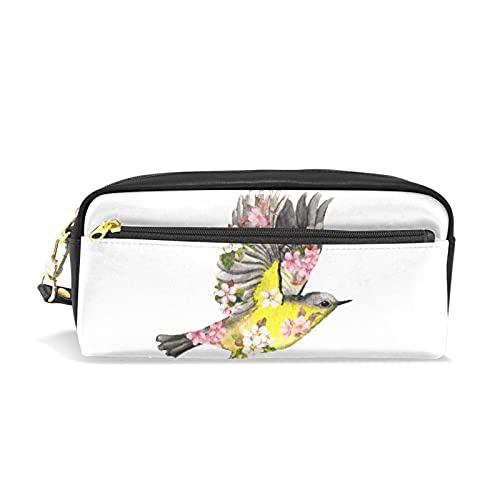 SJOAOAA Federmäppchen mit Aquarell-Blumen und Vögeln für Mädchen und Jungen, PU-Leder, tragbar, Stiftehalter, Make-up-Tasche, Schreibwaren, Schreibtisch-Organizer für Schule, Büro, siehe abbildung, von SJOAOAA