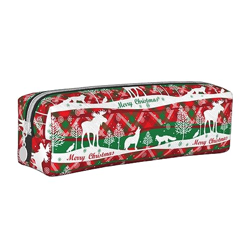 SJOAOAA Federmäppchen mit Aufschrift "Merry Christmas Tree Rentier", Rot / Grün, kariert, Leder, Stiftehalter, Organizer, Reißverschluss, Kosmetik, Make-up, Aufbewahrungstasche, Siehe Abbildung, von SJOAOAA