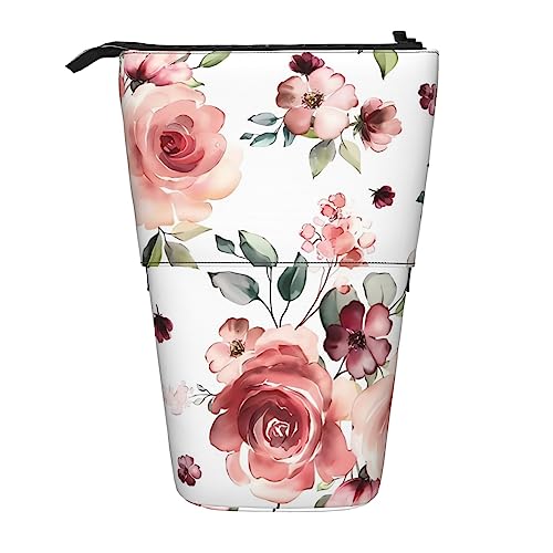 SJOAOAA Federmäppchen mit Blüten-Rosen-Motiv, aufstellbar, niedliches Teleskop-Bleistift-Halter, Make-up-Tasche für Büro, Schwarz , Einheitsgröße, Stehendes Federmäppchen von SJOAOAA