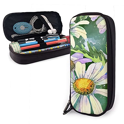 SJOAOAA Federmäppchen mit Mohnblumen und Gänseblümchen – lebendiges grünes Leder-Federmäppchen, großes Fassungsvermögen, Stiftetasche, Schreibwaren-Organizer mit Reißverschluss, siehe abbildung, von SJOAOAA