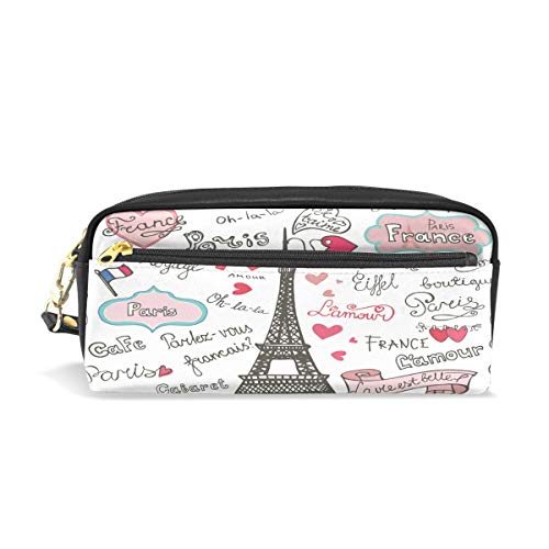 SJOAOAA Federmäppchen mit Paris-Symbolen, Eiffelturm und Schriftzug, einfache tragbare Make-up-Tasche aus Leder für Schule, Büro, Reisen, siehe abbildung, Einheitsgröße, Taschen-Organizer von SJOAOAA