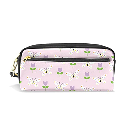 SJOAOAA Federmäppchen mit Schmetterlingen und Tulpen für Mädchen und Jungen, PU-Leder, tragbar, Stiftehalter, Make-up-Tasche, Schreibwaren, Schreibtisch-Organizer für Schule, Büro, siehe abbildung, von SJOAOAA