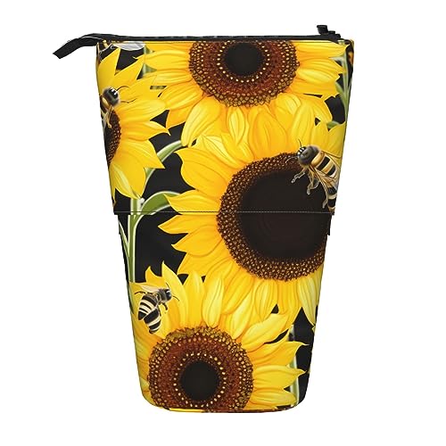 SJOAOAA Federmäppchen mit Sonnenblumen-Bienen, niedliches Stifteetui, Teleskop-Schreibwaren-Beutel, Make-up-Kosmetiktasche für Damen, Büro, Schwarz , Einheitsgröße, Stehendes Federmäppchen von SJOAOAA