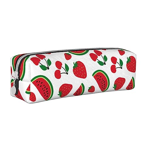 SJOAOAA Federmäppchen mit Wassermelone und Erdbeer-Muster, mit Reißverschluss, Leder, Stifteetui, Organizer, Kosmetik, Make-up-Tasche, Aufbewahrungstasche, weiß, Einheitsgröße, Federmäppchen aus Leder von SJOAOAA