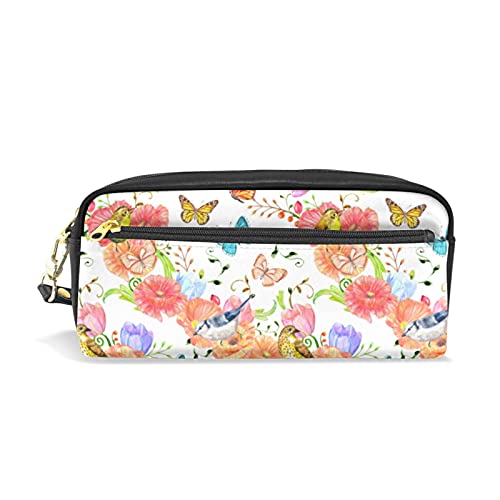 SJOAOAA Federmäppchen mit bunten Blumen und Vögeln für Mädchen und Jungen, PU-Leder, tragbar, Stiftehalter, Make-up-Tasche, Schreibwaren, Schreibtisch-Organizer für Schule, Büro, siehe abbildung, von SJOAOAA