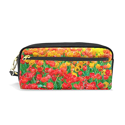 SJOAOAA Federmäppchen mit gelben und roten Tulpen für Mädchen und Jungen, PU-Leder, Stifteetui, tragbar, Stiftehalter, Make-up-Tasche, Schreibwaren, Schreibtisch-Organizer für Schule, Büro, siehe von SJOAOAA