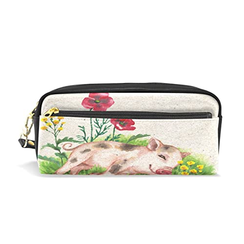 SJOAOAA Federmäppchen mit großem Fassungsvermögen, Federmäppchen, Schwein, rote Mohnblumen, Leder, Make-up-Tasche mit Fach, Reißverschluss, Halter, Schulorganizer, Schreibwaren-Tasche, siehe von SJOAOAA