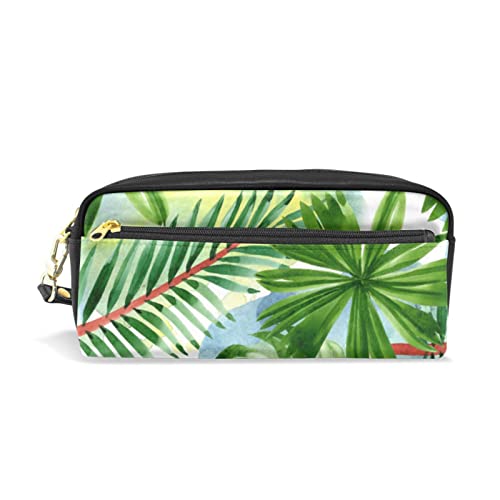 SJOAOAA Federmäppchen mit großem Fassungsvermögen, Motiv: tropische Pflanzen, Palmblatt, Grün, Monstera, Leder, Make-up-Tasche mit Fach, Reißverschlüssen, Halter, Schulorganizer, Schreibwaren-Tasche, von SJOAOAA