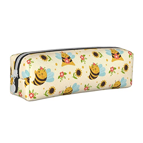 SJOAOAA Federmäppchen mit niedlichem Bienen- und Sonnenblumenmuster, mit Reißverschluss, Leder, Stifteetui, Organizer, Kosmetik, Make-up-Tasche, Aufbewahrungstasche, weiß, Einheitsgröße, Federmäppchen von SJOAOAA