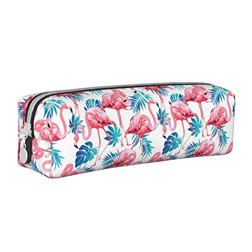 SJOAOAA Federmäppchen mit pinkem Flamingo-Tiermotiv, mit Reißverschluss, Leder, Stifteetui, Organizer, Kosmetik, Make-up-Tasche, Aufbewahrungstasche, weiß, Einheitsgröße, Federmäppchen aus Leder von SJOAOAA