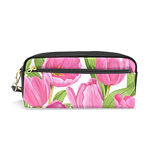 SJOAOAA Federmäppchen mit rosa Tulpen und Blumen für Mädchen und Jungen, PU-Leder, tragbar, Stiftehalter, Make-up-Tasche, Schreibwaren, Schreibtisch-Organizer für Schule, Büro, siehe abbildung, von SJOAOAA