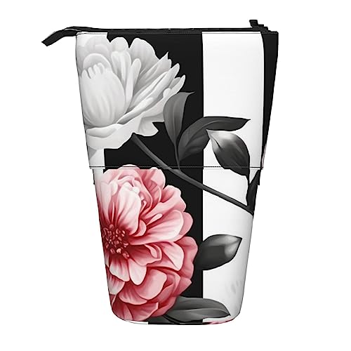 SJOAOAA Federmäppchen mit schwarz-weiß gestreiften Blumen, niedliches Stifteetui, Teleskop-Schreibwaren-Beutel, Make-up-Kosmetiktasche für Damen, Büro, Schwarz , Einheitsgröße, Stehendes Federmäppchen von SJOAOAA