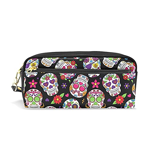 SJOAOAA GalactPrint Federmäppchen, kleine Make-up-Tasche, Reisetasche, Leder, 2 Fächer, für Mädchen, Jungen, Damen, Herren, Sugar Skull, Einheitsgröße, Taschen-Organizer von SJOAOAA