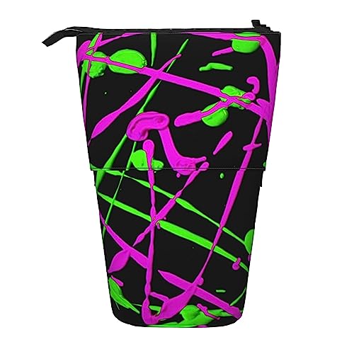 SJOAOAA Glow in Dark Splatter Neon Standing Pencil Case, Cute Pencil Pouch Large Capacity Pen Case Portable Pencil Bag for Women Men, Schwarz , Einheitsgröße, Stehendes Federmäppchen von SJOAOAA