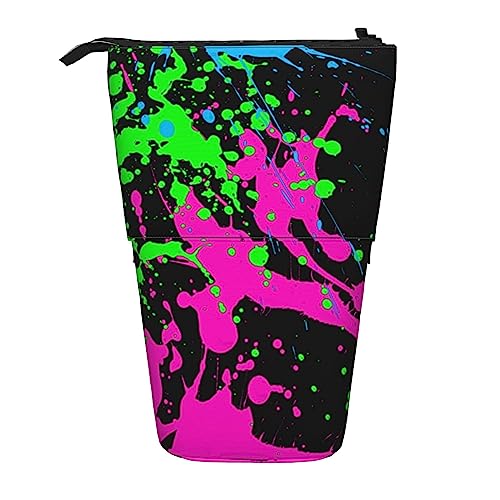 SJOAOAA Glow in Dark Splatter Neon Standing Pencil Case, Cute Pencil Pouch Large Capacity Pen Case Portable Pencil Bag for Women Men, Schwarz , Einheitsgröße, Stehendes Federmäppchen von SJOAOAA