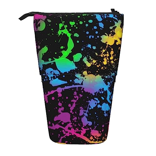 SJOAOAA Glow in Dark Splatter Neon Standing Pencil Case, Cute Pencil Pouch Large Capacity Pen Case Portable Pencil Bag for Women Men, Schwarz , Einheitsgröße, Stehendes Federmäppchen von SJOAOAA