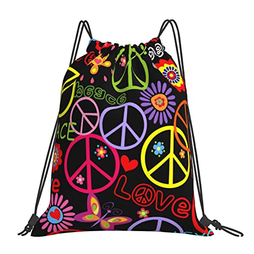 SJOAOAA Hippie mit Peace Symbol Pilze Kordelzug Taschen für Damen und Herren String Bag Turnbeutel Geschenk für Yoga Schule Schwimmen Strand, Hippie mit Friedenssymbol Pilze, One size von SJOAOAA