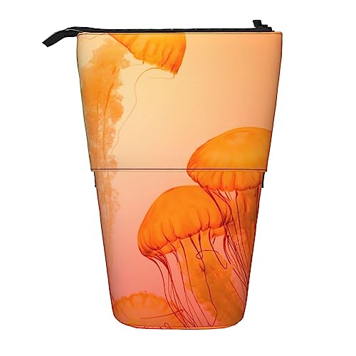 SJOAOAA Jellyfish Orange Bedrucktes Federmäppchen Stand Up Bleistift Tasche Teleskop Bleistift Halter Fall Schreibwaren Organizer Make-up Tasche mit Reißverschluss, Orange, Einheitsgröße, Stehendes von SJOAOAA