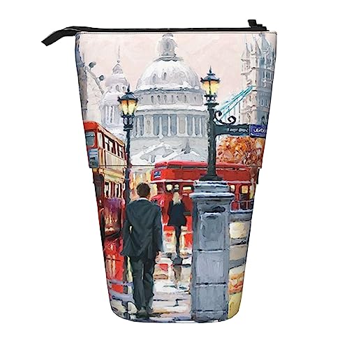 SJOAOAA London Impression Bedrucktes Federmäppchen Stand Up Bleistift Tasche Teleskop Bleistift Halter Fall Schreibwaren Organizer Make-up Tasche mit Reißverschluss, Schwarz , Einheitsgröße, Stehendes von SJOAOAA