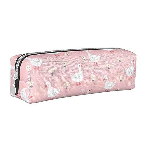 SJOAOAA Nette Gans auf rosa Muster Bleistift Fall Beutel Stift Halter Leder Bleistift Taschen Box Organizer Reißverschluss Kosmetik Make-up Aufbewahrungstasche, weiß, Einheitsgröße, Federmäppchen aus von SJOAOAA