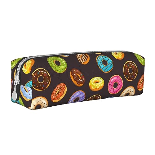 SJOAOAA Niedliche bunte Donut-Muster Bleistift Fall Beutel Stifthalter Leder Bleistift Taschen Box Organizer Reißverschluss Kosmetik Make-up Aufbewahrungstasche, weiß, Einheitsgröße, Federmäppchen aus von SJOAOAA