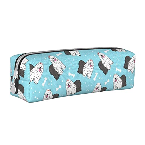 SJOAOAA Old English Sheepdog Pattern Pencil Case Holder Pouch with Zipper Leather Pen Pencil Bags Box Organizer Cosmetic Makeup Bag Storage Bag, weiß, Einheitsgröße, Federmäppchen aus Leder von SJOAOAA