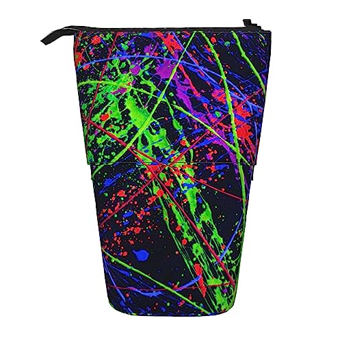 SJOAOAA Rainbow of Neon Paint Splatters Standing Pencil Case, Cute Pencil Pouch Large Capacity Pen Case Portable Pencil Bag for Women Men, Schwarz , Einheitsgröße, Stehendes Federmäppchen von SJOAOAA