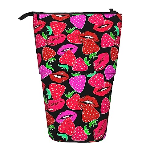 SJOAOAA Red Lips and Strawberry Pencil Case Teleskop Schreibwaren Stift Tasche Stand Up Bleistift Tasche Bleistift Cup mit Reißverschluss Bleistift Tasche, Schwarz , Einheitsgröße, Stehendes von SJOAOAA