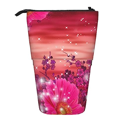 SJOAOAA Rosa Blume lila Schmetterling gedruckt Bleistift Fall Stand Up Bleistift Tasche Teleskop Bleistift Halter Fall Schreibwaren Organizer Make-up Tasche mit Reißverschluss, rose, Einheitsgröße, von SJOAOAA