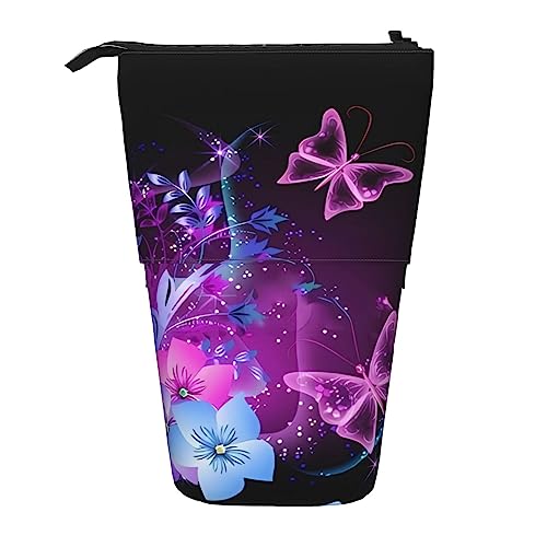 SJOAOAA Rosa Lila Schmetterling Bleistift Fall Stand Up Bleistift Tasche Niedlich Teleskop Bleistift Halter Fall Make-up Tasche für Büro, Schwarz , Einheitsgröße, Stehendes Federmäppchen von SJOAOAA