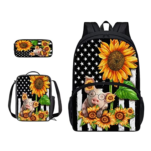 SJOAOAA Rucksack-Büchertaschen-Set mit Lunchtasche, Federmäppchen, 3-in-1, leicht, Reiserucksack, Reiserucksack, Amerikanische Flagge Pig Su, Einheitsgröße, Taschen-Organizer von SJOAOAA