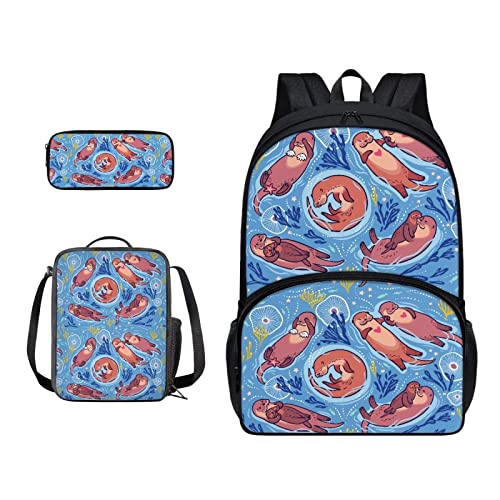 SJOAOAA Rucksack-Büchertaschen-Set mit Lunchtasche, Federmäppchen, 3-in-1, leicht, Reiserucksack, Reiserucksack, Blaue Otter, Einheitsgröße, Taschen-Organizer von SJOAOAA