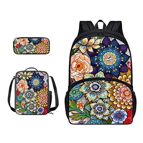 SJOAOAA Rucksack-Büchertaschen-Set mit Lunchtasche, Federmäppchen, 3-in-1, leicht, Reiserucksack, Reiserucksack, Buntes Mandala-Flo, Einheitsgröße, Taschen-Organizer von SJOAOAA