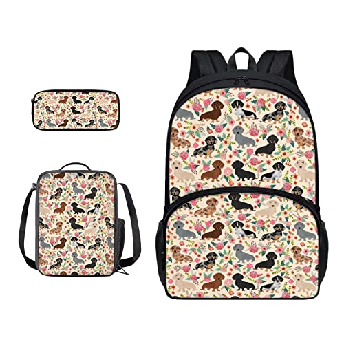 SJOAOAA Rucksack-Büchertaschen-Set mit Lunchtasche, Federmäppchen, 3-in-1, leicht, Reiserucksack, Reiserucksack, Dackel Floral Blo, Einheitsgröße, Taschen-Organizer von SJOAOAA