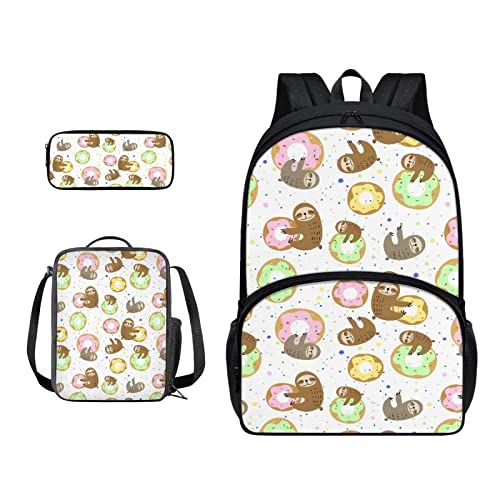 SJOAOAA Rucksack-Büchertaschen-Set mit Lunchtasche, Federmäppchen, 3-in-1, leicht, Reiserucksack, Reiserucksack, Faultier-Donut, Einheitsgröße, Taschen-Organizer von SJOAOAA