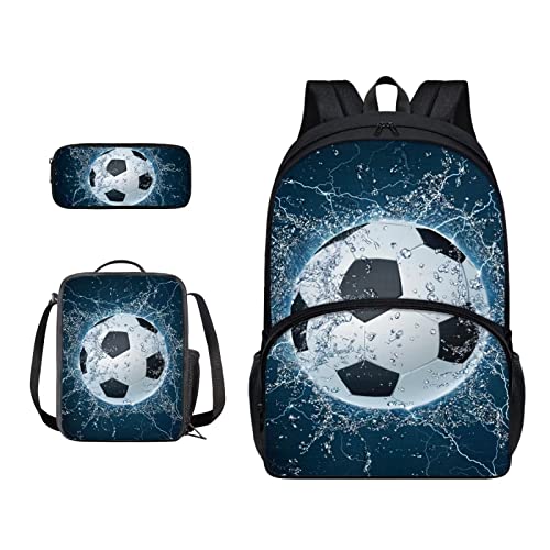 SJOAOAA Rucksack-Büchertaschen-Set mit Lunchtasche, Federmäppchen, 3-in-1, leicht, Reiserucksack, Reiserucksack, Fußball-Wasser, Einheitsgröße, Taschen-Organizer von SJOAOAA