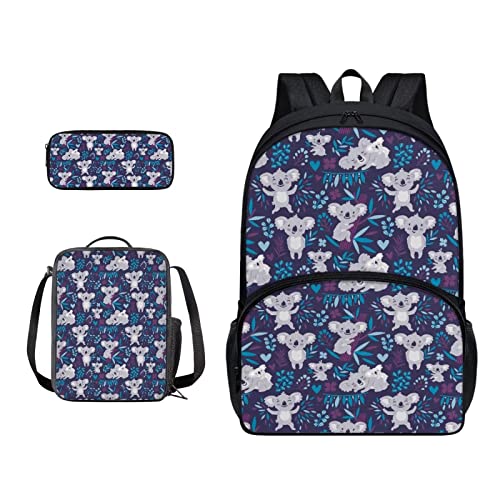 SJOAOAA Rucksack-Büchertaschen-Set mit Lunchtasche, Federmäppchen, 3-in-1, leicht, Reiserucksack, Reiserucksack, Koala-Blätter, Einheitsgröße, Taschen-Organizer von SJOAOAA