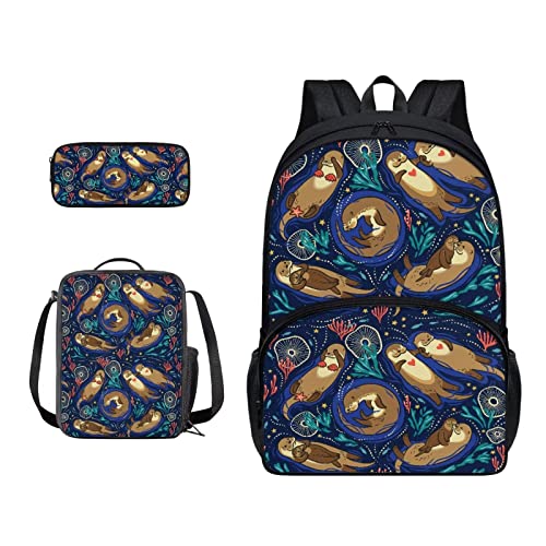 SJOAOAA Rucksack-Büchertaschen-Set mit Lunchtasche, Federmäppchen, 3-in-1, leicht, Reiserucksack, Reiserucksack, Otter, Einheitsgröße, Taschen-Organizer von SJOAOAA