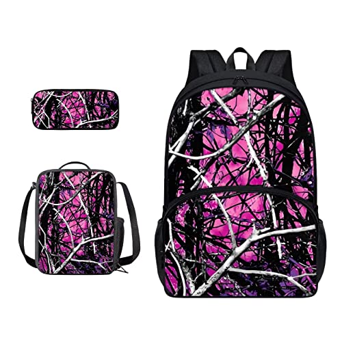 SJOAOAA Rucksack-Büchertaschen-Set mit Lunchtasche, Federmäppchen, 3-in-1, leicht, Reiserucksack, Reiserucksack, Pink Forest Camo, Einheitsgröße, Taschen-Organizer von SJOAOAA