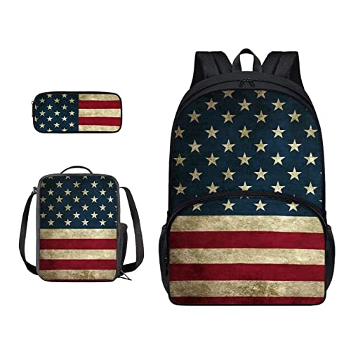 SJOAOAA Schüler-Rucksack mit Lunchtasche für Schule, Büchertaschen, Federmäppchen, Kinder, Schulranzen-Set 3-in-1, Junior-Tasche, Wanderrucksack, Amerikanische Flagge, Einheitsgröße, Taschen-Organizer von SJOAOAA