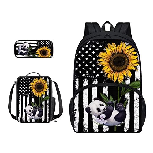 SJOAOAA Schüler-Rucksack mit Lunchtasche für Schule, Büchertaschen, Federmäppchen, Kinder, Schulranzen-Set 3-in-1, Junior-Tasche, Wanderrucksack, Amerikanische Flagge, Panda, Einheitsgröße, von SJOAOAA