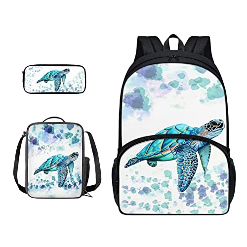 SJOAOAA Schüler-Rucksack mit Lunchtasche für Schule, Büchertaschen, Federmäppchen, Kinder, Schulranzen-Set 3-in-1, Junior-Tasche, Wanderrucksack, Aquarell-Schildkröte, Einheitsgröße, Taschen-Organizer von SJOAOAA