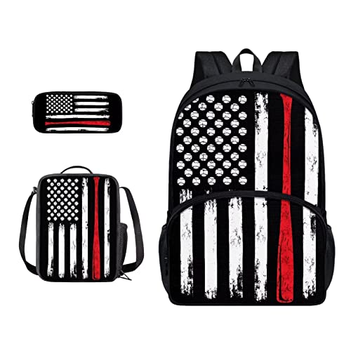 SJOAOAA Schüler-Rucksack mit Lunchtasche für Schule, Büchertaschen, Federmäppchen, Kinder, Schulranzen-Set 3-in-1, Junior-Tasche, Wanderrucksack, Baseball American Fl, Einheitsgröße, Taschen-Organizer von SJOAOAA