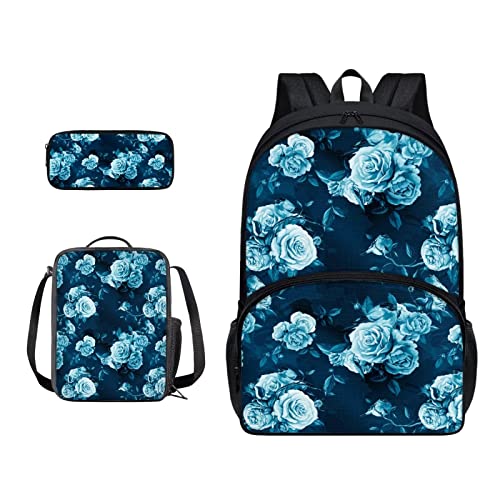 SJOAOAA Schüler-Rucksack mit Lunchtasche für Schule, Büchertaschen, Federmäppchen, Kinder, Schulranzen-Set 3-in-1, Junior-Tasche, Wanderrucksack, Blaue Rosenblüten, Einheitsgröße, Taschen-Organizer von SJOAOAA