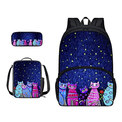 SJOAOAA Schüler-Rucksack mit Lunchtasche für Schule, Büchertaschen, Federmäppchen, Kinder, Schulranzen-Set 3-in-1, Junior-Tasche, Wanderrucksack, Bunte Katzen, Einheitsgröße, Taschen-Organizer von SJOAOAA